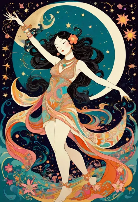 Feminine Art ,  Trippy Posters  , Hallucinatory, Hypnotic Patterns , Abstract, Euphoric,  Fluid Shapes ,  jewelry, flower. moon, star, flat illustration .  Negative Space in the Shape of a Dancing Womans Body .  Japanese Mythology Goddess, Abstract paintin...