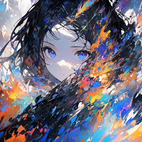 (masterpiece,  best quality),  staring at viewers ,  (( 1 girl)),Alone,  white background ,  floating colorful water,(2D:1.5),  Dark Fantasy , Black Hair