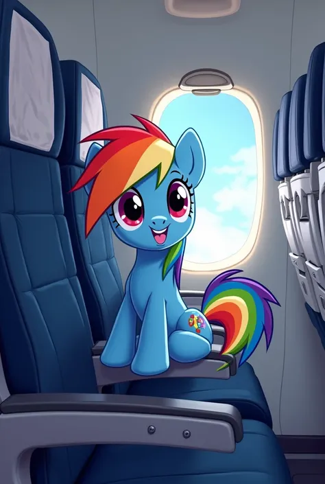 Little rainbow dash cartoon but rainbow dash is little and she is inside the plane 