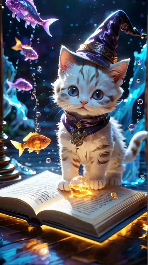  Great Quality , masterpiece,  best quality,  super detailedな,   super detailed ,  super high resolution,   perfect anatomy , Magical World,
(Kitten and fish:1.4), Fish in the air, Spell Magic to get fresh fish as food,(  fish that pops out of the magic bo...