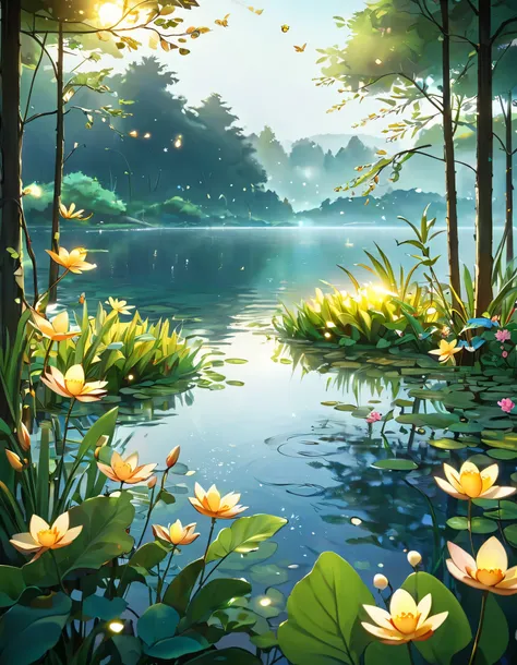 静谧lake，lake:1.5,静谧的lake，  sunshine, shine golden,Flowers and leaves 