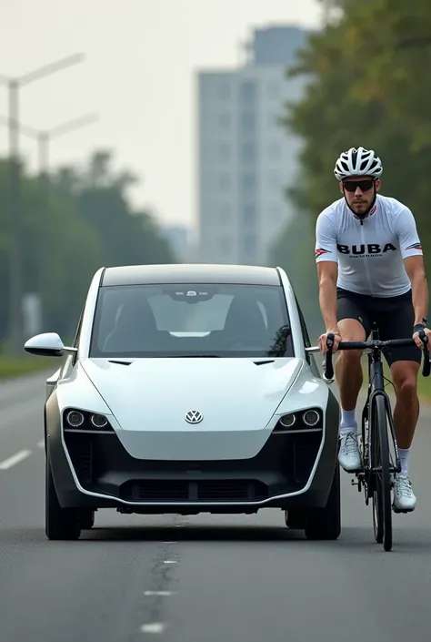 Golf 8 R line White. In front is road cyclist in White with logo BUBA on yerset