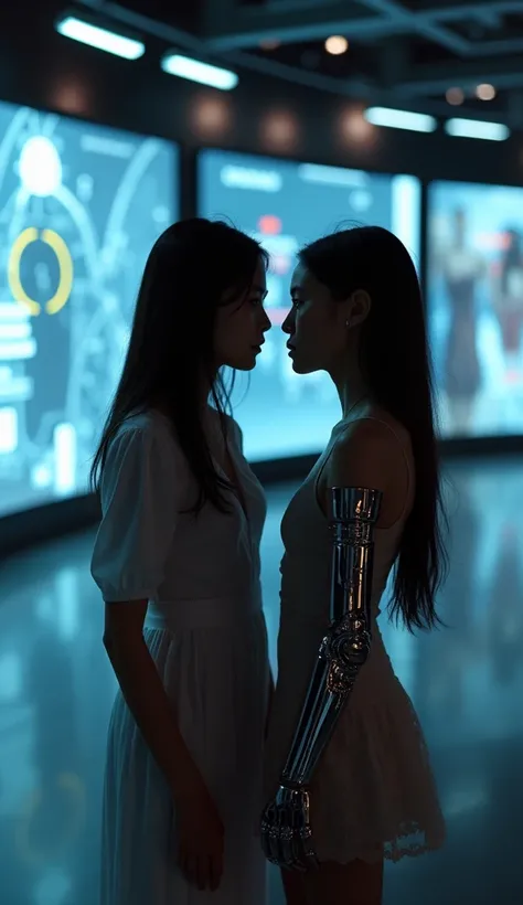  Young latina woman   , 25 , years ,Black hair ,long hair ,beautiful ,  short dress  , robotic hand   , y otra mujer a su  lado una mujer joven coreana de traje de 25 años ,at night next to him multiple lights and hyperrealistic technological screens , hip...