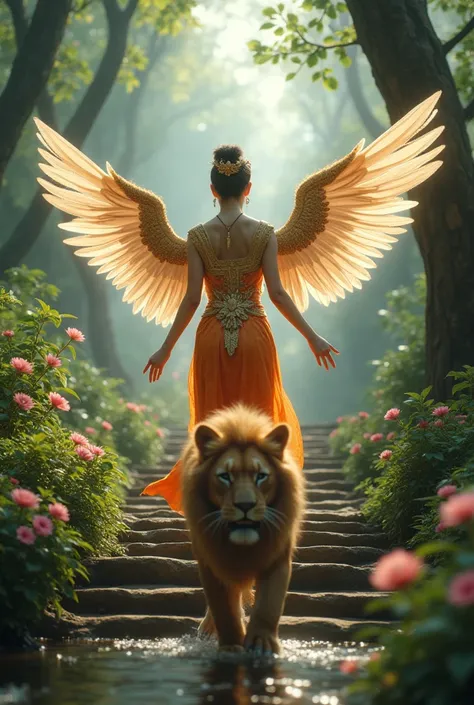 A beautiful girl in a Thai dress with wings like a bird walks up the side inclined stairs,The Lion Moves Forward ,Beautiful nature