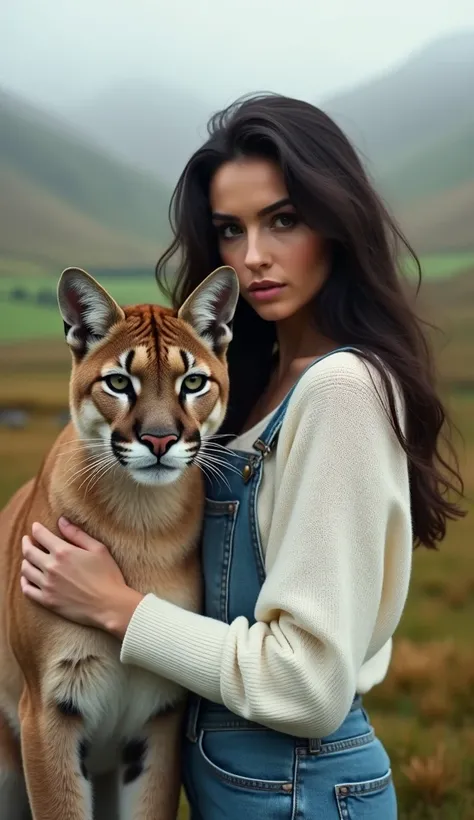 super HDR, Ultra screen, natural realistic, a beautiful woman dark hair with cougar, looking at camera, wearing white sweater, wearing jumpsuit denim, on the Irish landscape the background