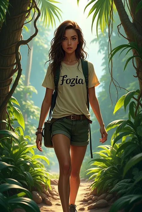 A girl go in jungle in attitude mood and write some words on its shirt like (Fozia)