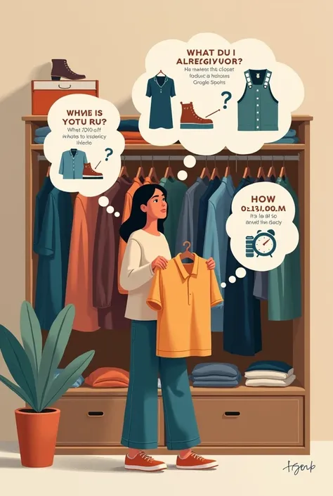 "An illustration showing a thoughtful shopper standing in front of a full closet. The shopper is holding a shirt, contemplating with a thoughtful expression. Around them, there are visual cues to represent the three important questions:

1. A question bubb...