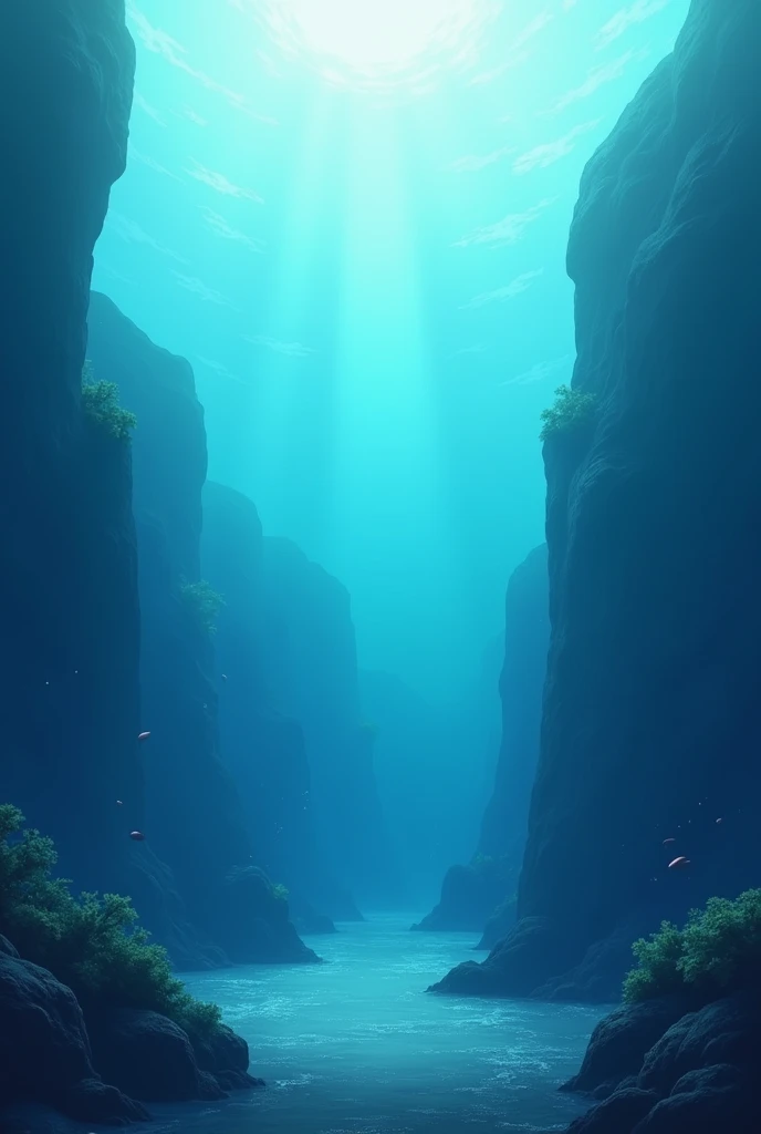  Scene that looks out at the bottom of the sea ,coherent, anime style , Without reefs  ,  with a color palette from light to dark on the bottom of the sea  ,  with nothing else on screen  , without fish , no rocks ,Without reefs  ,  completes nothing  , wi...