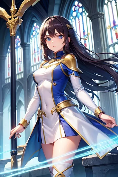  best quality,Beautiful Girl Hero, fantasy standing in a church,battle,Swordsman,Light clothing,brave,happy