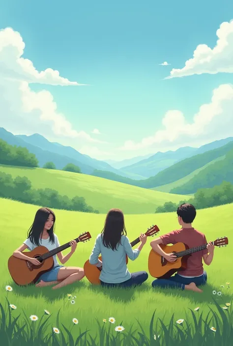 People are playing guitar in the fields.