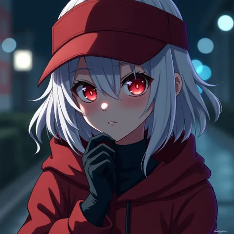 1girl, High Resolution, Masterpiece, Accurate, Detail, Long Hair, red eye, white haired, red visor hat, red hoodie, black gloves,  frowned face, night light, female, adult, anime style 