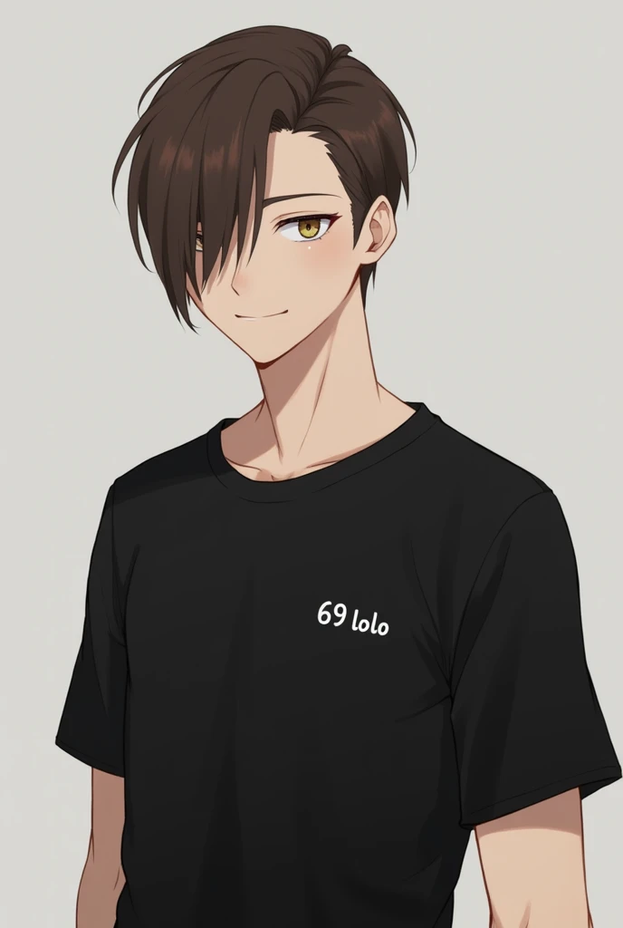  A male character with straight brown hair style on the right side wearing a simple black shirt with a small embroidery on the right side written:69lolo !