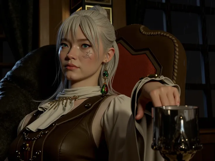 Character: A young woman, a seasoned ship captain or noblewoman with a nautical air, sits in a dimly lit, luxurious chair within her ships quarters, lost in contemplation.
Appearance:
Hair: Long, straight, silvery-white hair neatly pulled back into a high ...