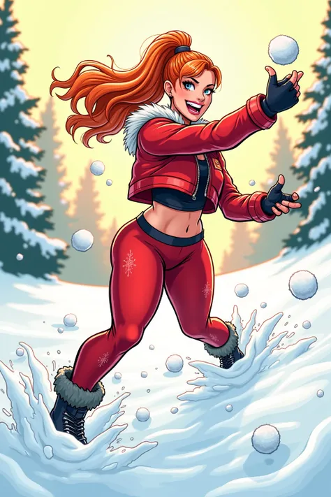 "Comic book-style image of A vibrant winter scene featuring Daisy, a charismatic wrestler with thick thighs and fiery red hair tied back in a ponytail. She is mid-action, throwing a snowball with a confident, mischievous grin. Daisy is wearing a bold red c...