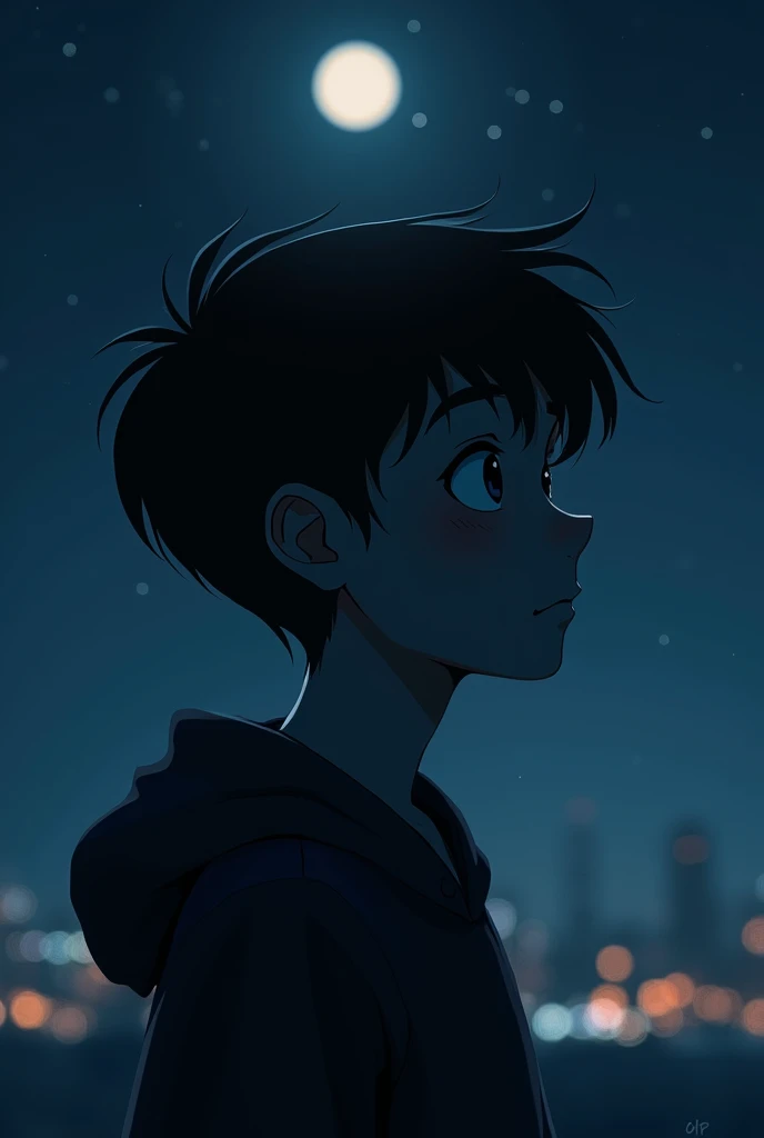 A  teenage boy thinking  in the night 
