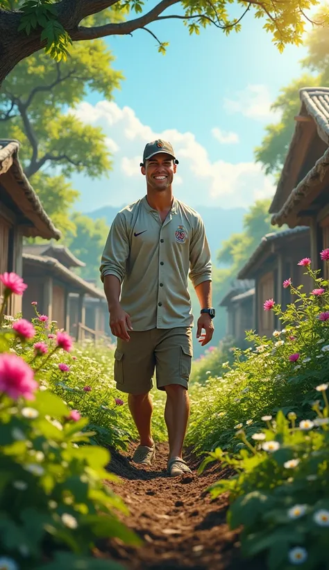 "Famous footballer Cristiano Ronaldo, wearing his favorite clubs jersey, is standing in a lush, green village farm. He is smiling and working joyfully, planting crops under a clear blue sky. The surroundings are peaceful with traditional village huts, colo...