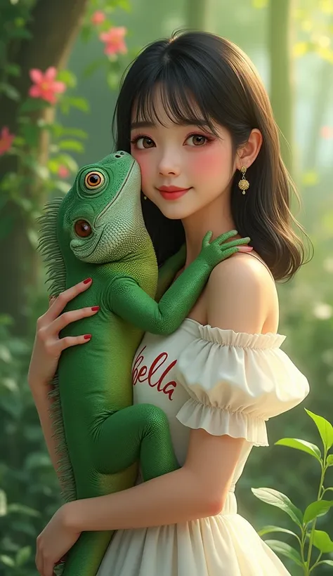 a Taiwanese woman, beautiful, cute, straight black and brown hair, wearing a white dress that says "BELLA" she is hugging a big IGUANA with soft green fur, in the background in the garden behind.