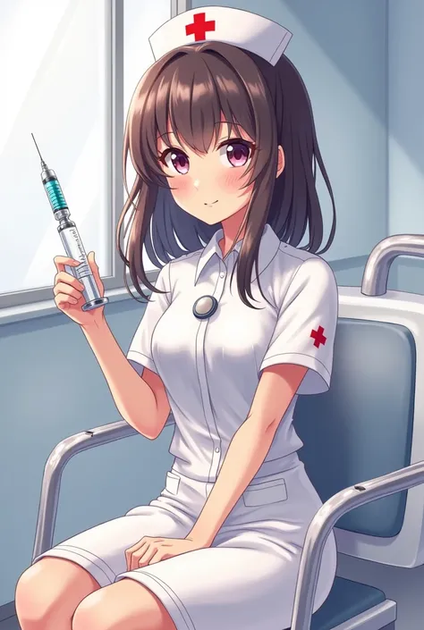 anime nurse girl holding a syringe in her hand while sitting down