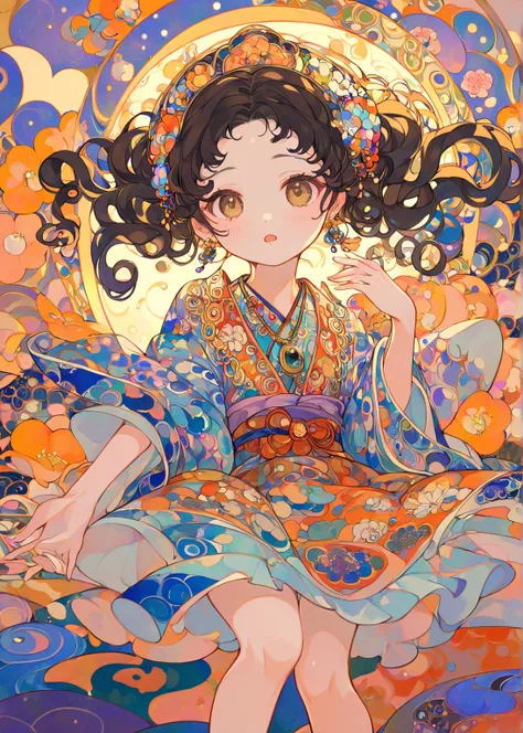 Tranquil Lake, city, 1 girl, large head, little fat, half open mouth, brown eyes, forehead, black curly hair, low twintails hair, floral pattern robe, jewelries, necklace, headdress, medium tits, evening, dynamic cute action, wave hand, shy, foot, full bod...