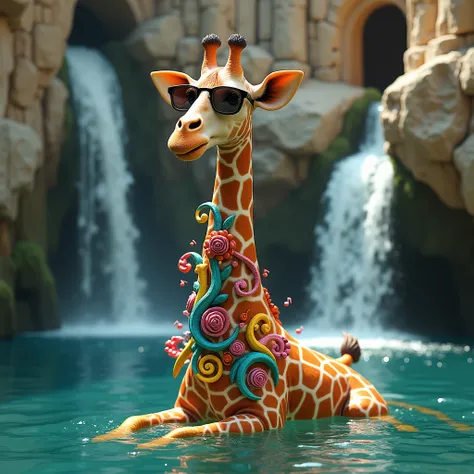 A whimsical giraffe, adorned with vibrant, colorful decorative elements, floats in a body of water beneath cascading waterfalls.  The giraffe wears sunglasses, and its neck is intricately embellished with swirling, sculpted floral and organic designs in a ...