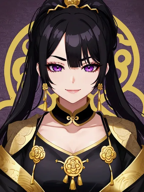  black hair、Super beautiful、Age 30、Female、 ponytail、black china dress with gold embroidery、 face up、 squinting、smile、conspiracy、intellectual、 purple eyes、Thin eyebrows、 sexy