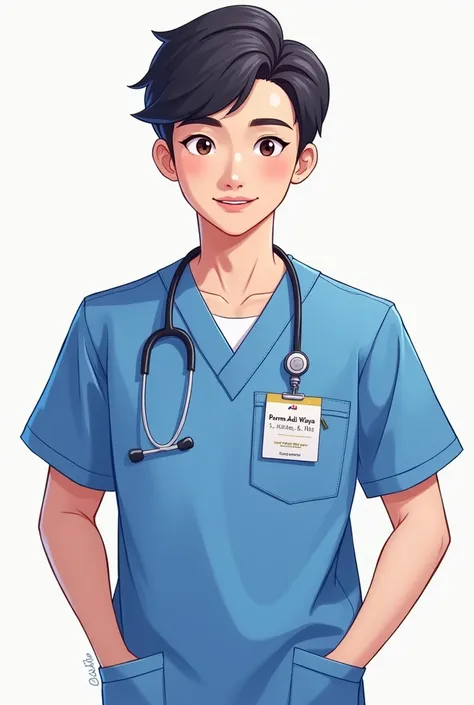  logo illustration of young male nurse with blue service uniform and wearing ID card Purwo Adi Wijaya, S.Kep .,ns