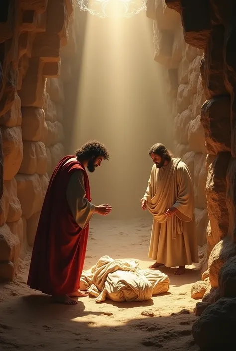  Biblical story :  3D image in HD .
‭ ‭Y bajó a mirar dentro del sepulcro and he saw  los lienzos puestos allí,  but he did not enter .   Then Simon Peter came after him ,  and entered the tomb , and he saw  los lienzos puestos allí,   and the shroud ,  wh...