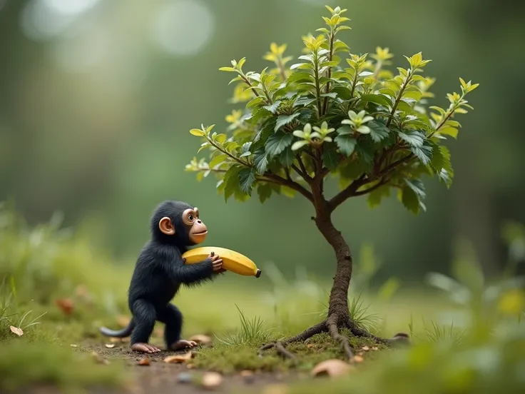 the smallest tree ever with a small chimpanzee and his small banana in front, tilt shift, analog photo, faded, low contrast