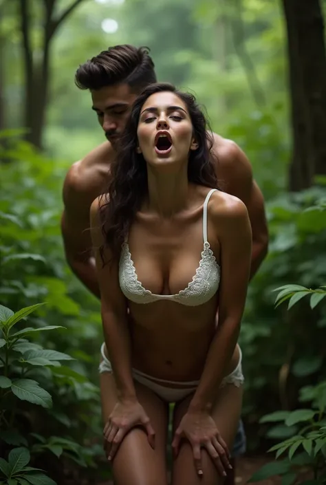  realpic of beautiful woman .  Wearing a thin white bra .White lace . Big and white breasts. White cd . sexy.  bent forward is screaming and her head looks up behind the handsome man.  they are in the middle of the forest . full body