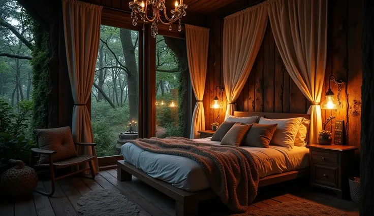 Deep in the woods at midnight, bedroom in a fairy house, rustic furniture, soft indirect lighting, earth-colored pillows and blanket on the bed, cosy enchanted scene, beautiful render of a fairytale, magical environment, relaxing concept art, cozy place, r...