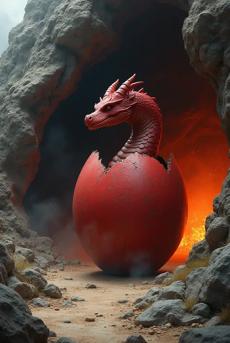  The image shows a large white egg with a scaly texture in a rocky environment .  The egg is cracked coming out of it a red dragon is positioned in front of a dark cave, From which a bright orange light emanates ,  suggesting the presence of fire or lava i...