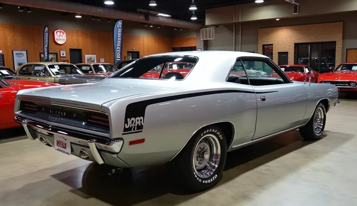 1969 Plymouth hemi cuda luxurious showroom back view silver colour 