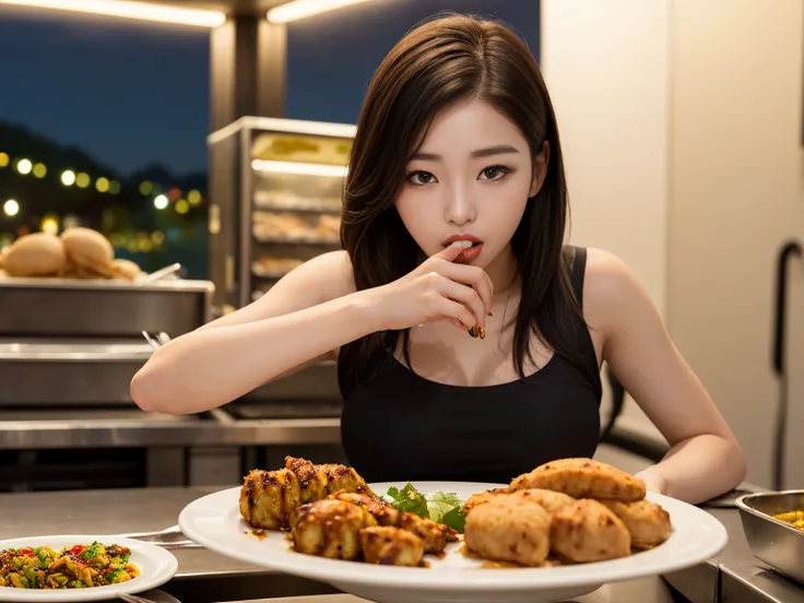 (Female Spy,Korean, An Extraordinary Beauty :1.7),(Im at a food stall at night:1.7) ,  perfect body for a lawn, gold hair,（baby face,Big Breasts,High exposure:1.6）, charming eyes,Passionate face,  sex symbol  , 夜這い with beautiful silhouette illuminated by ...