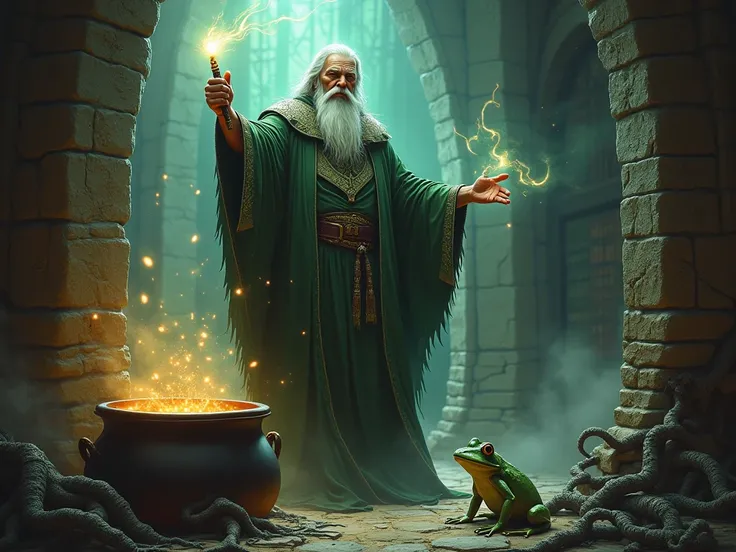 a wizard holding a wand, rays coming out, a frog in a boiling pot