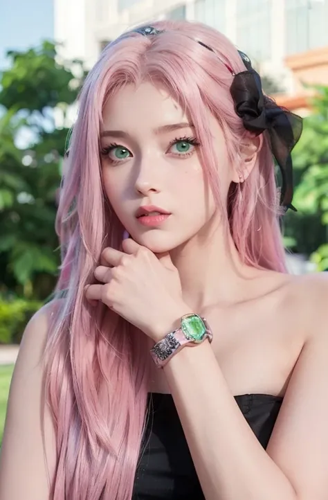 young woman, porcelain skin, long bubblegum pink hair, big pink lips, big emerald green eyes, pink eyebrows, red clothes, Sakura Haruno, 3d, realism, 8k