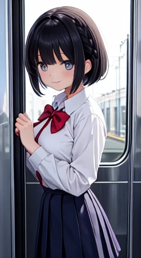 masterpiece,  best quality,Illustration,  wallpaper,  ultra detail,  one girl ,Alone, beautiful detailed eyes from outside the train,EXTRA THICK OUTLINE 、Medium short-Cut Hair、short,  braid hair、( school uniform)、 black hair、Smile and Quiet、Walking next to...