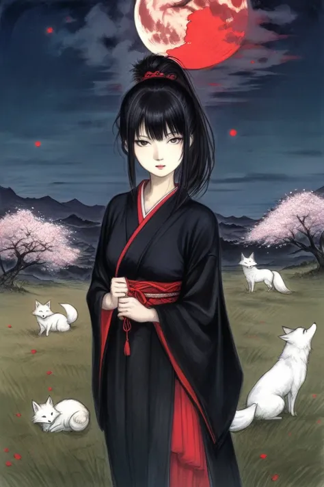 by Yoshitaka Amano, (Broad lighting),  low key writing, Picturesque, dark(  Fantasy Art , (Yoshitaka Amano)), ( Full-length portrait of a beautiful woman, suzuka nakamoto xl,  ponytail hair), Night grassland background, (Red Moon, Black kimono , Red accent...