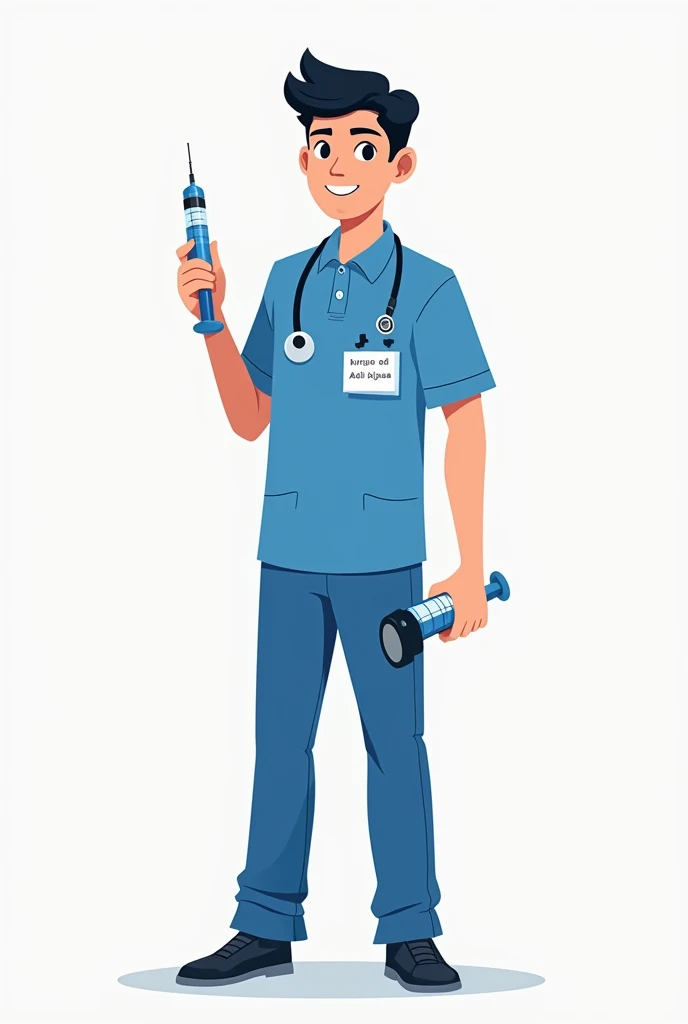 logo illustration of Young male nurse in blue service uniform and wearing name tag Purwo Adi Wijaya then carrying a stethoscope and syringe