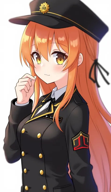  1 girl、solo、 orange hair、Official reserve uniform、 yellow eyes、 long hair、ribbon、Finger sleeves、オレンジribbon、dot、Wrist sleeve 、Big Breasts、Big Butt、(( best quality)),((masterpiece)),(( Super Fine)),(Illustration),(fine light ),( extremely delicate and beaut...