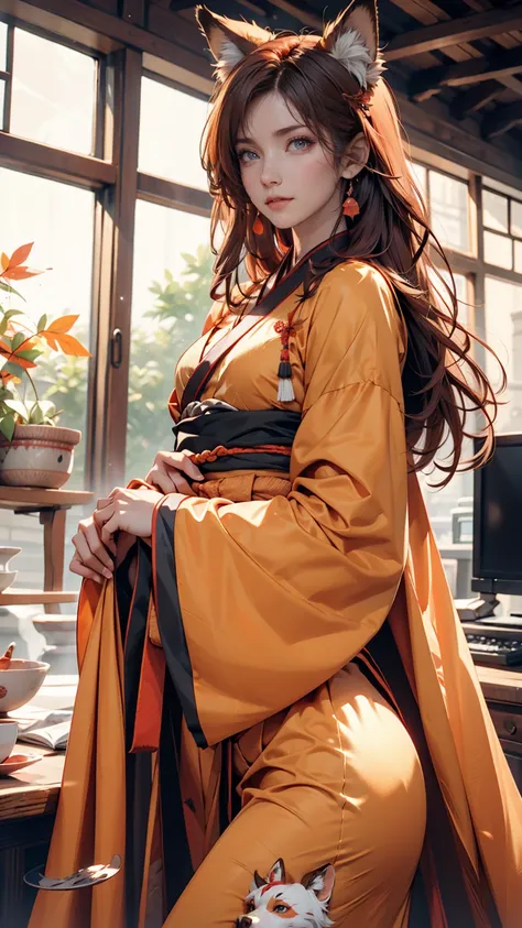 Women,tsurime, orange eyes,Fox_ear, foxtail ,red_hair,Low-tied long hair,Hanfu, 1 boy