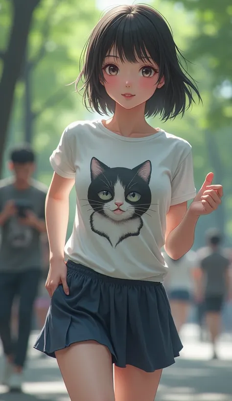  beautiful Japanese girl　(((stand directly in front of the camera and run closer:1.8))) T-shirt with a perfect smile 　 stylish miniskirt 　Big TitsHigh Definition, accurate,  Anatomically Correct, masterpiece,  best quality,  very detailed,  Ultra High Defi...