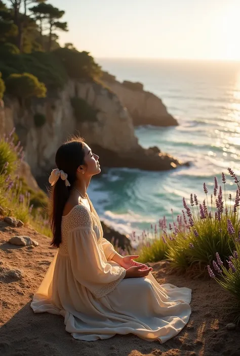 "A woman kneeling in prayer, eyes closed, on a rocky cliff overlooking the ocean at dusk. She wears a long, flowing dress in soft beige tones, blending with the muted colors of the rocks. The ocean waves crash against the cliffs below, and the horizon glow...