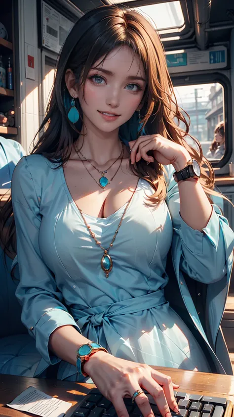   Masterpiece ,  best quality,  ultra detail, Illustration,( 1 girl), beautiful detailed eyes from outside the train,  watch viewers, ( Hold up the computer keyboard ),  happy , ( turquoise hair :1), (Blue round eyes:1), (Round earrings), ( large turquoise...