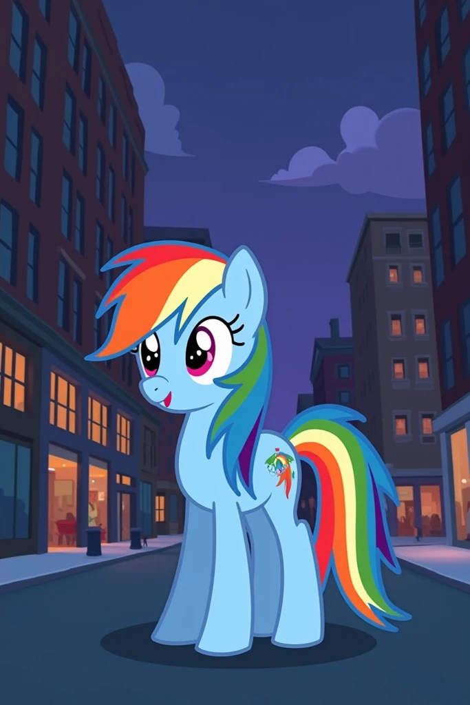 Rainbow dash cartoon but rainbow dash is little and she is in new york and its night 