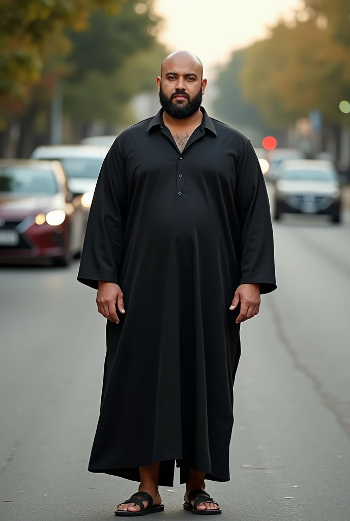  A fat muscular man wearing a Black shirt standing in the middle of the road , A robe wearing ,  wearing a kurta , Full body image ,  wearing a silk shirt , Handsome man,  A Egyptian male type , Full body image , A 50-year-old man ,   full body photo  , Ki...