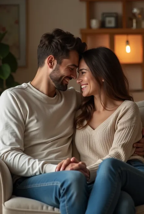 The same couple smiling warmly at each other, sitting together on a couch, holding hands, with a sense of mutual understanding.
