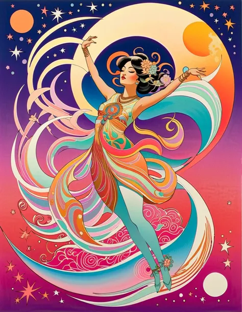 Feminine Art ,  Trippy Posters  , Hallucinatory, Hypnotic Patterns , Abstract, Euphoric,  Fluid Shapes ,  jewelry, flower. moon, star, flat illustration .  Negative Space in the Shape of a Dancing Womans Body .  Japanese Mythology Goddess, Abstract paintin...