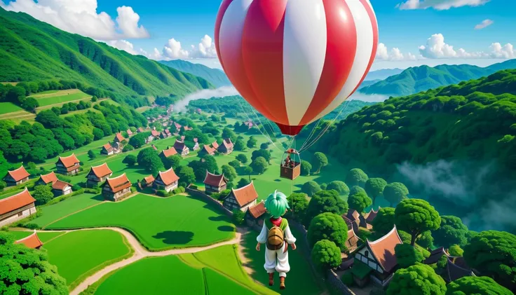 8K high resolution images   ,    realist, Green clothes、   green hair、   white pants、wear、   Dragon Quest   、  green hair、    and travel through the sky、  rear view、Im in a balloon 、 The balloon descends on the village 