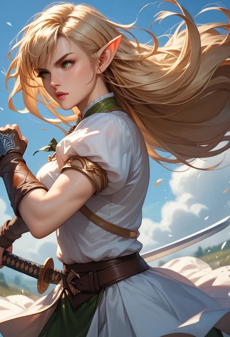 woman fighting, strong, wearing a sword , warrior, hair in the wind, big boobs, laufen, elf ears, long hair