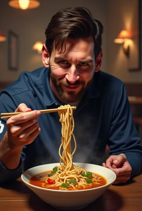 Messi eats noodles
